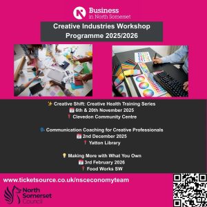 Creative Industries Workshop Programme 2023/2024 flyer listing four events: Creative Shift (8 & 29 Nov), Communication Coaching (6 Dec), Making More with What You Own (6 Feb), and Food Works (TBC), with venues and website link.